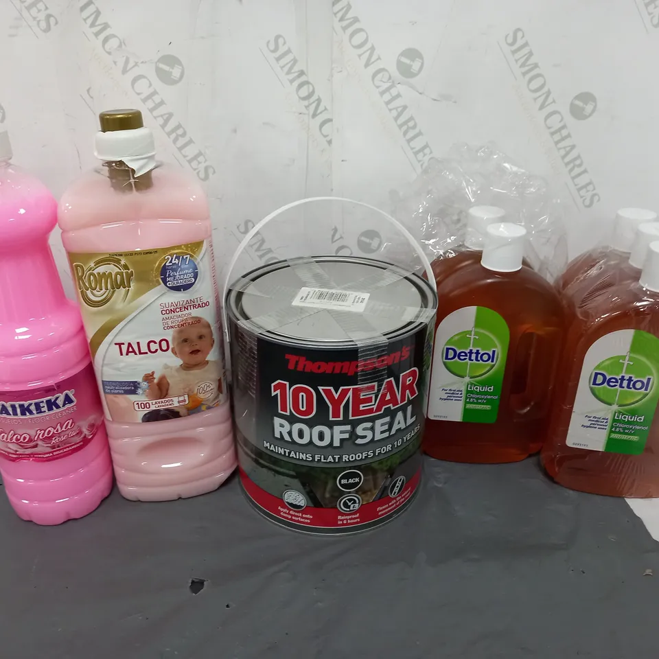 TOTE OF ASSORTED HOUSEHOLD GOODS TO INCLUDE DETTOL LIQUID, ROOFSEAL, AND TALCO - COLLECTION ONLY 