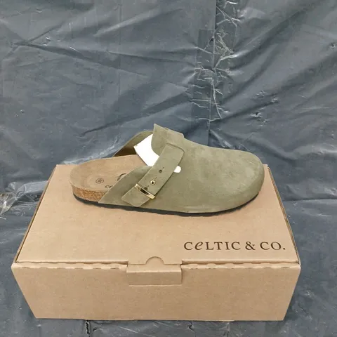 BOXED PAIR OF CELTIC & CO STUD STRAP CLOG OLIVE SUEDE SIZE 39 
