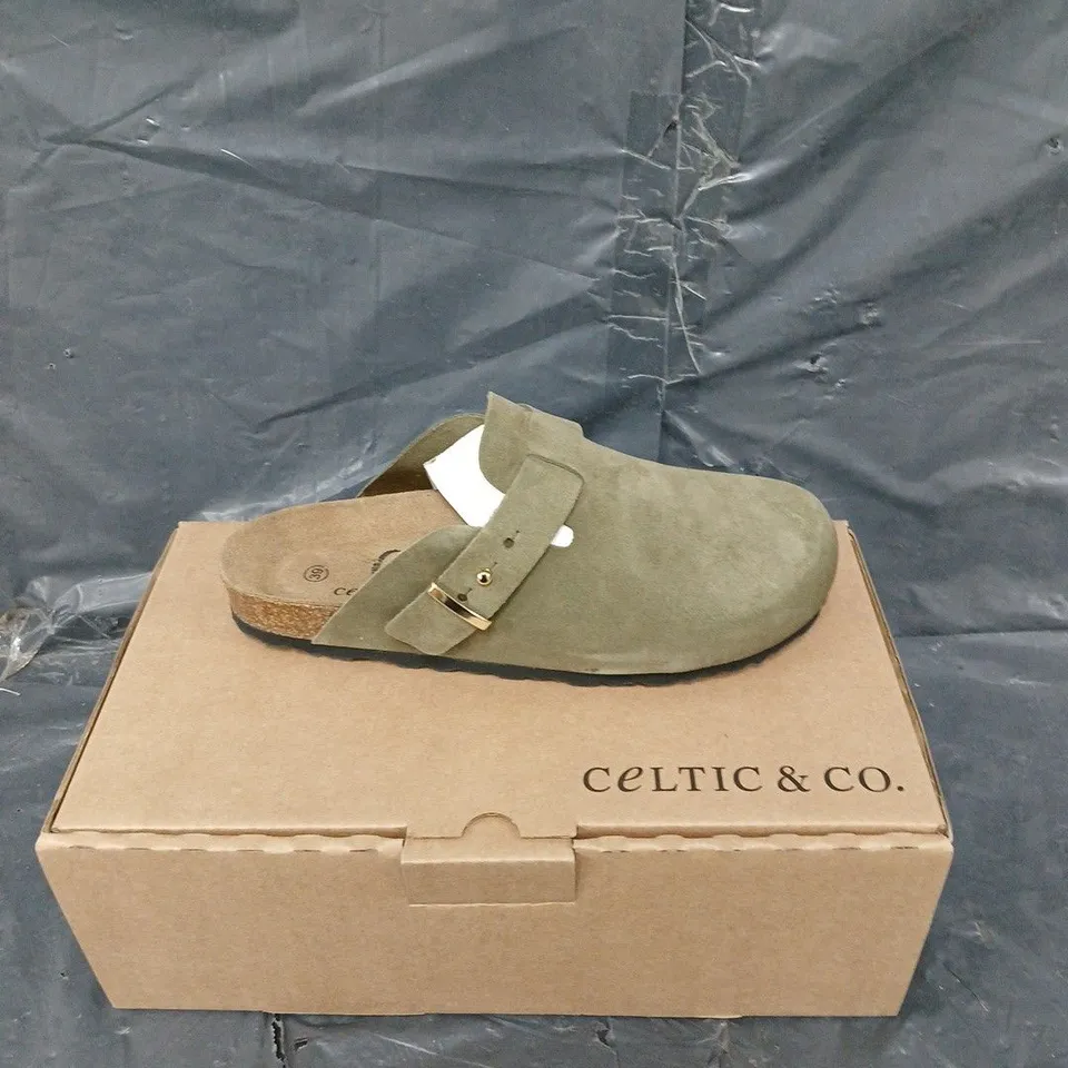 BOXED PAIR OF CELTIC & CO STUD STRAP CLOG OLIVE SUEDE SIZE 39 