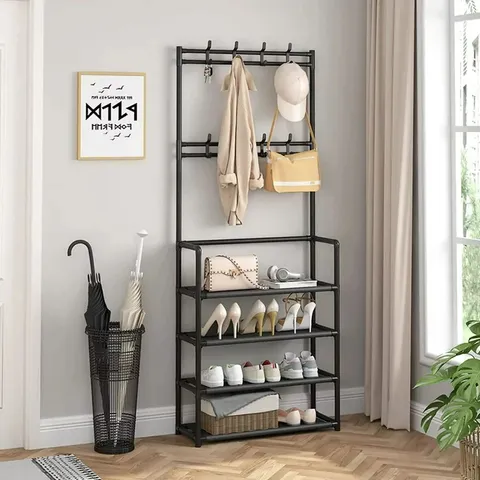 BOXED ENTRYWAY 5-TIER SHOE RACK WITH COAT HANGER – SPACE-SAVING METAL ORGANIZER WITH HOOKS