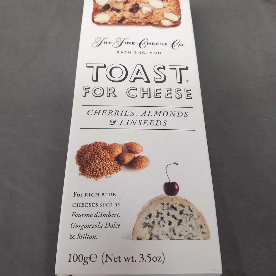 SIX 100G THE FINE CHEESE CO TOAST FOR CHEESE CHERRIES, ALMONDS AND LINSEEDS