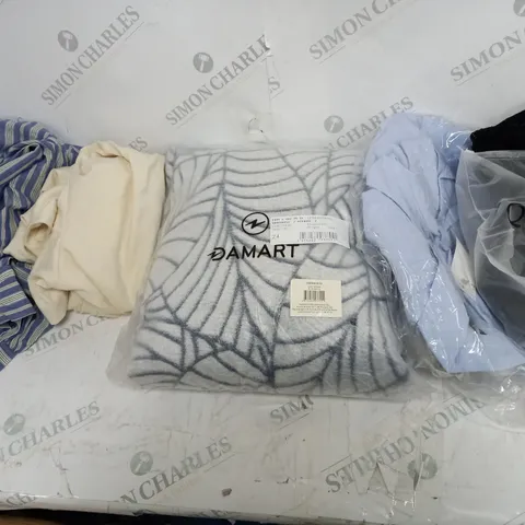 LARGE BOX OF ASSORTED CLOTHING ITEMS IN VARIOUS COLOURS AND SIZES INCLUDING TROUSERS , TOPS AND JUMPERS 