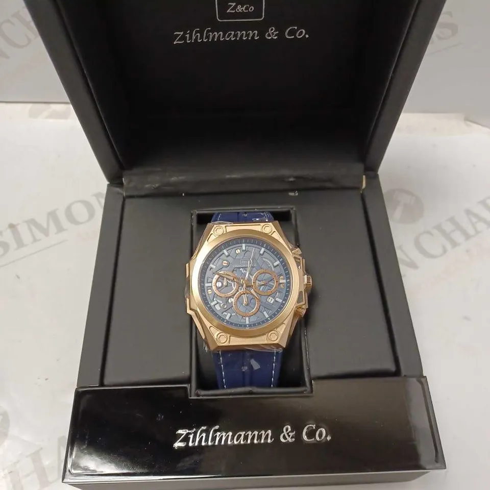 ZIHLMANN & CO BLUE TRIPLE DIAL STUD RUBBER STRAP WATCH