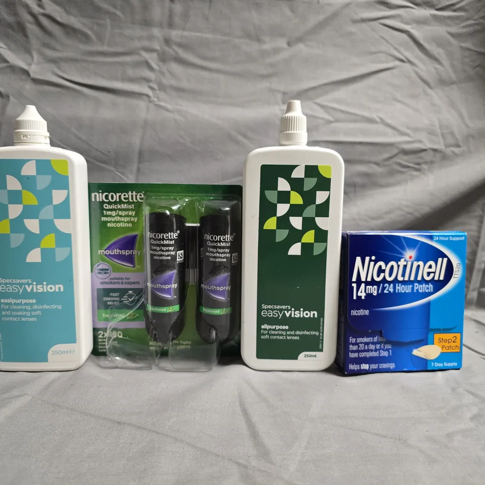 APPROXIMATELY 20 ASSORTED ITEMS TO INCLUDE NICORETTE QUICKMIST, NICOTINELL PATCH & SPECSAVERS EASYVISION CONTACT LENS SOLUTION, ETC