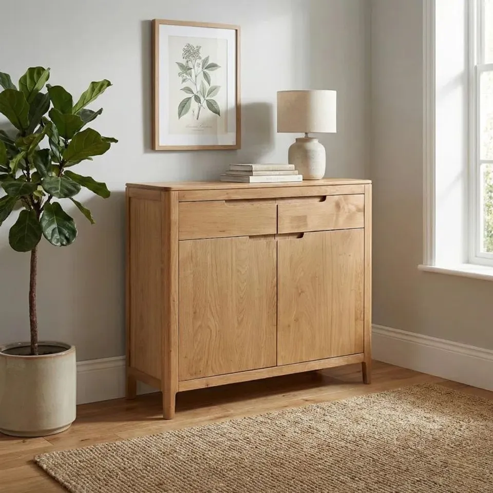 BOXED REMI 90 CM WIDE 2 DRAWER OAK SOLID WOOD SIDEBOARD - NATURAL OAK EFFECT