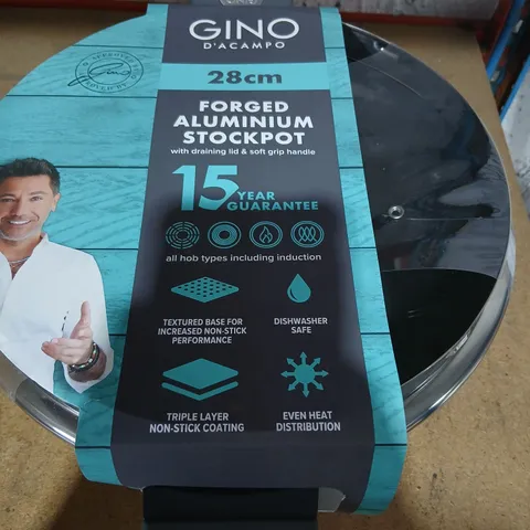 GINO D'ACAMPO FORGED ALUMINIUM STOCKPOT, 28CM – DRAINING LID & SOFT-GRIP HANDLE