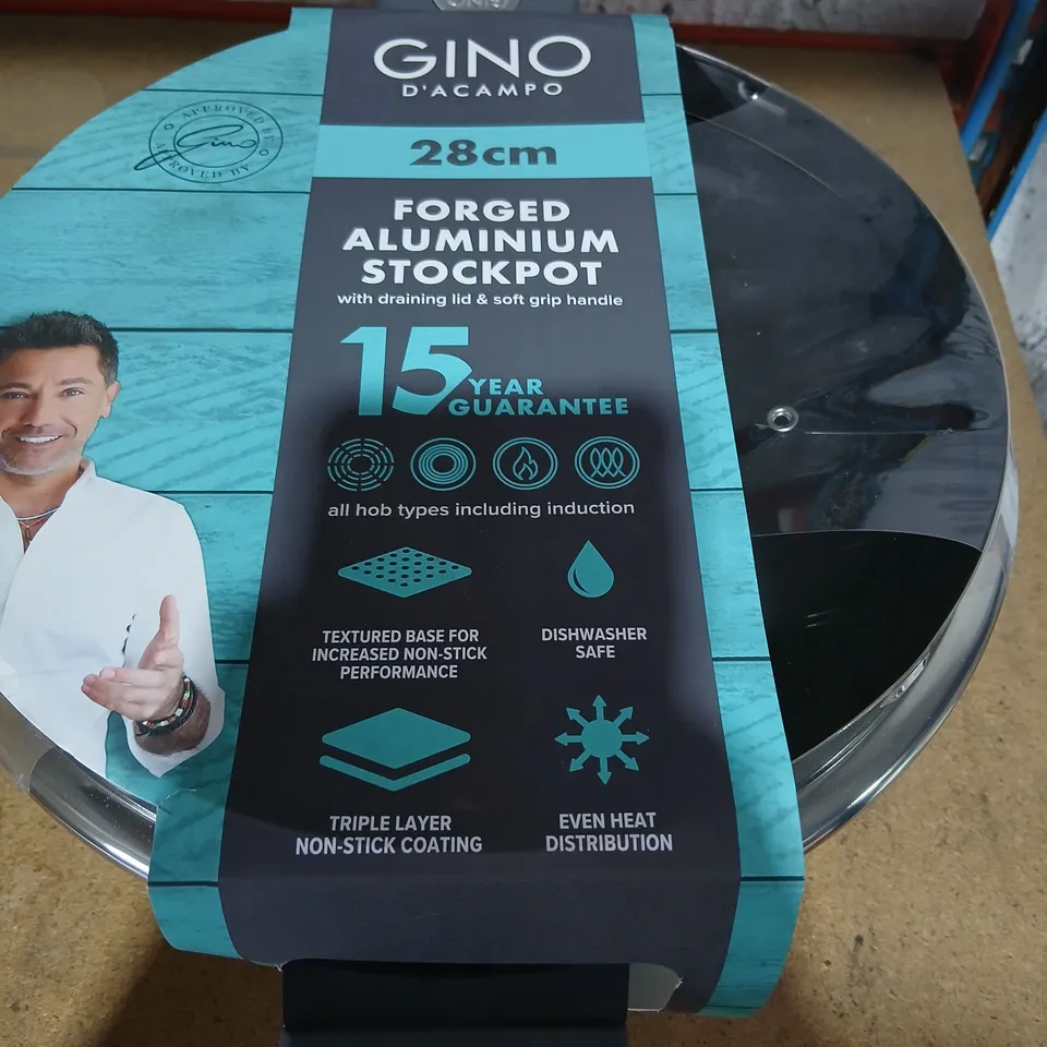 GINO D'ACAMPO FORGED ALUMINIUM STOCKPOT, 28CM – DRAINING LID & SOFT-GRIP HANDLE