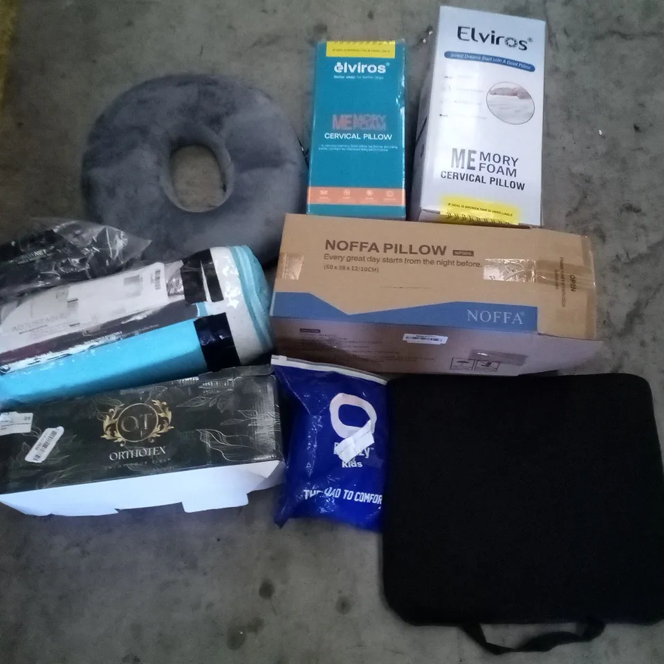 PALLET OF ASSORTED ITEMS INCLUDING NOFFA PILLOW, ELVIROS MEMORY FOAM CERVICAL PILLOW, BCOZZY NECK PILLOW, SEAT CUSHION, ORTHOTEX MEMORY FOAM PILLOW, SINGLE MOSQUITO NET