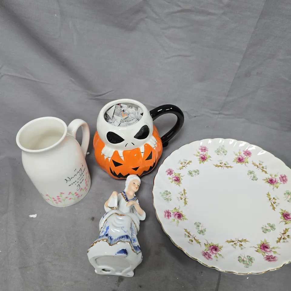 APPROXIMATELY 7 ASSORTED HOUSEHOLD PRODUCTS TO INCLUDE DECORATIVE FIGURINE, MUGS, FINE PLATES ETC  
