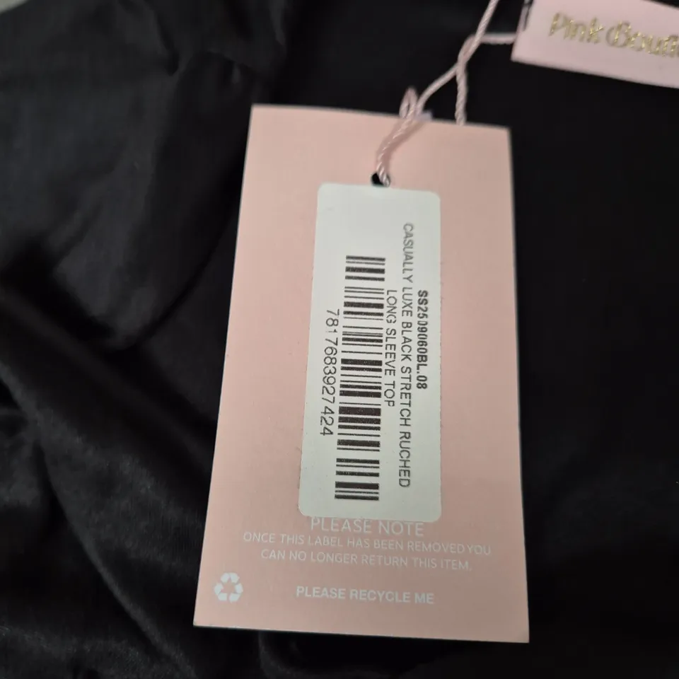 PINK BOUTIQUE  COUTURE BLACK SATIN RUCHED LONG-SLEEVE TOP (VERIFY MODEL)
