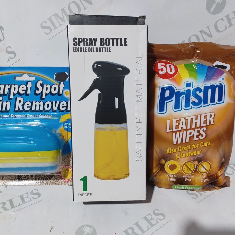 BOX OF APPROXIMATELY 10 ASSORTED HOUSEHOLD ITEMS TO INCLUDE PRISM LEATHER WIPES, SPRAY BOTTLE, CARPET SPOT STAIN REMOVER, ETC