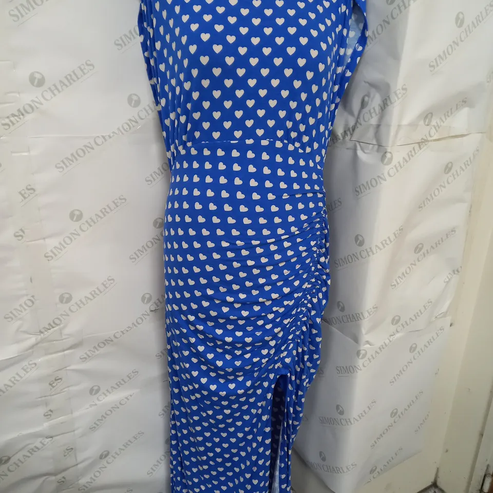FREE PEOPLE RUCHED SPLIT LEG OPEN BACK SLEEVELESS DRESS IN BLUE/WHITE SIZE M