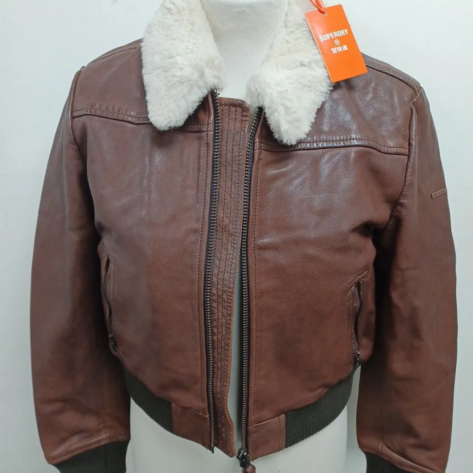 SUPERDRY LEATHER BORG COLLAR JACKET IN CHOCOLATE BROWN - 8