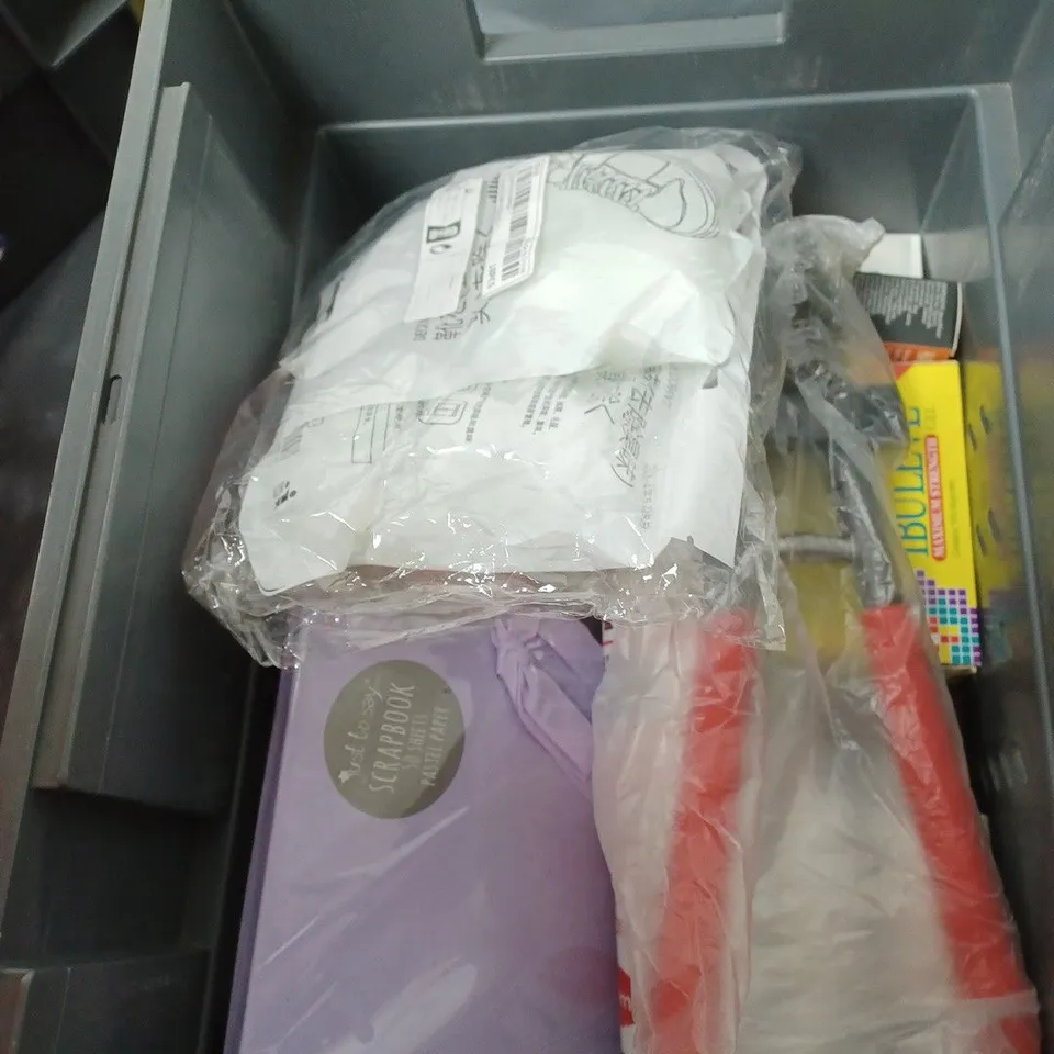 BOX OF APPROXIMATELY 20 ASSORTED HOUSEHOLD ITEMS TO INCLUDE DECOY SECURITY CAMERA, TABLET COVER AND GENERAL PURPOSE ADHESIVE