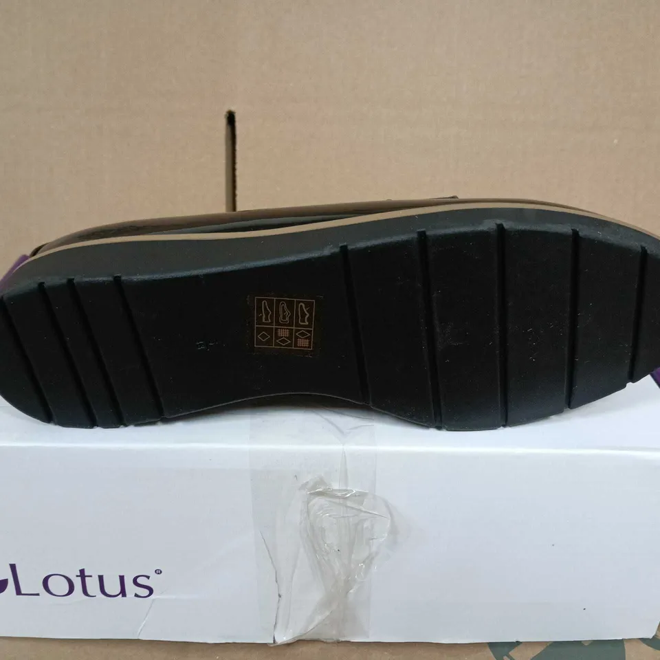 BOXED PAIR OF LOTUS BLACK PATENT TASSEL LOAFERS, UK 5