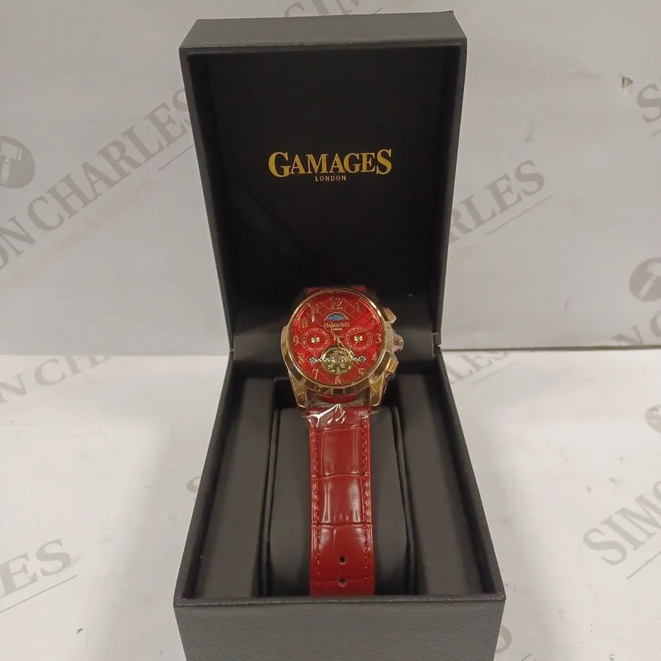 GAMAGES OF LONDON LIMITED EDITION HAND ASSEMBLED MUSE AUTOMATIC ROSE RED WATCH RRP £805