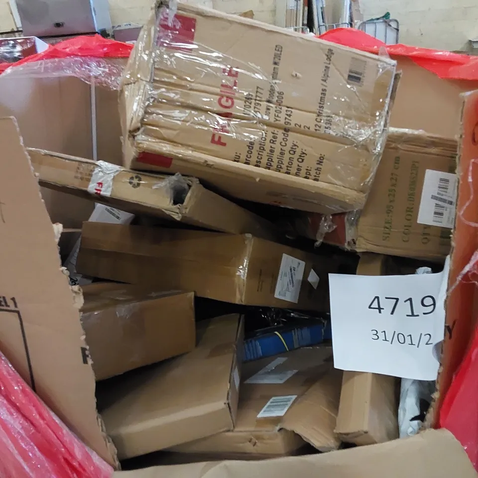 PALLET TO CONTAIN ASSORTED HOUSEHOLD ITEMS AND CONSUMER PRODUCTS. INCLUDING HEATER, CHRISTMAS LANTERN, BOXED FURNITURE ETC 