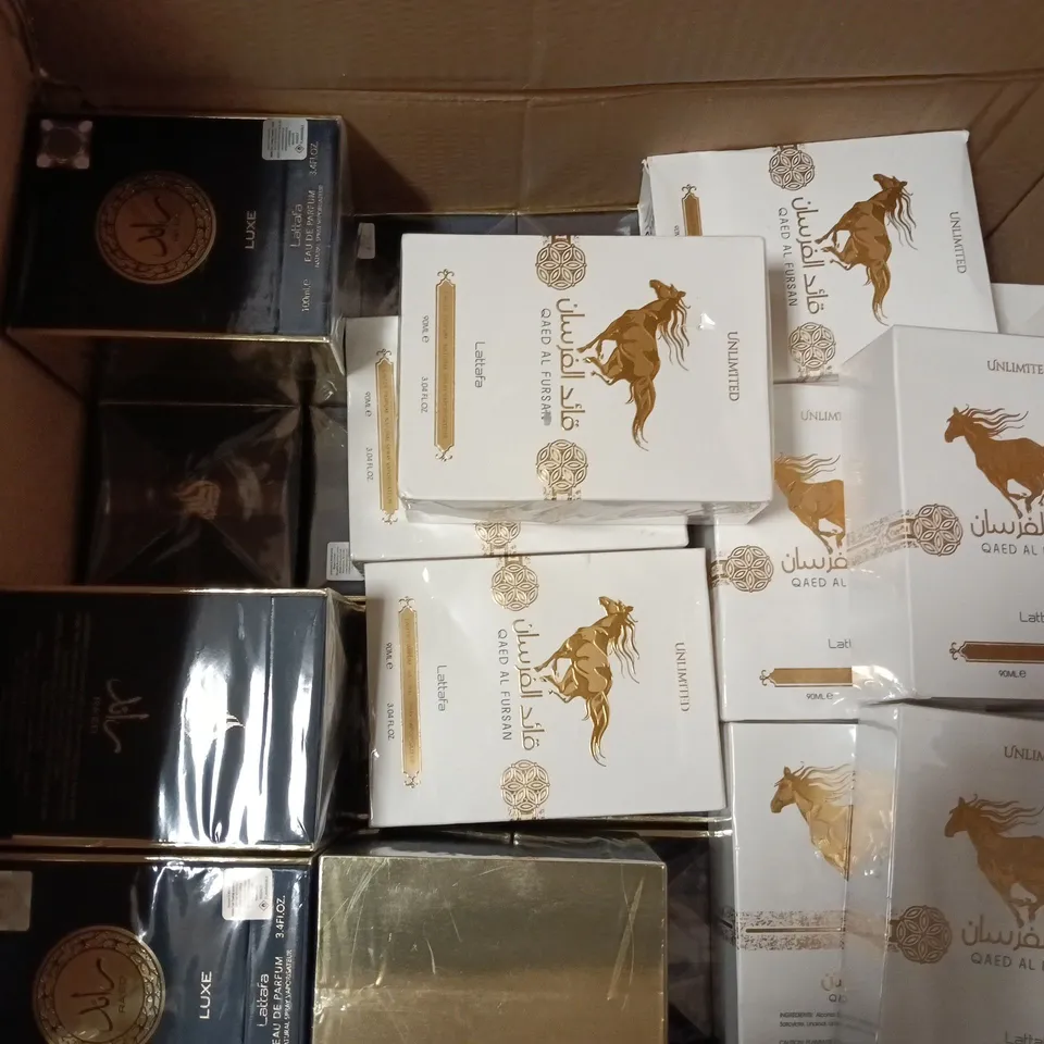 BOX OF APPROX 20 ASSORTED BOXED FRAGRANCES TO INCLUDE QAED AL FURSAN & LUXE LATTAFA