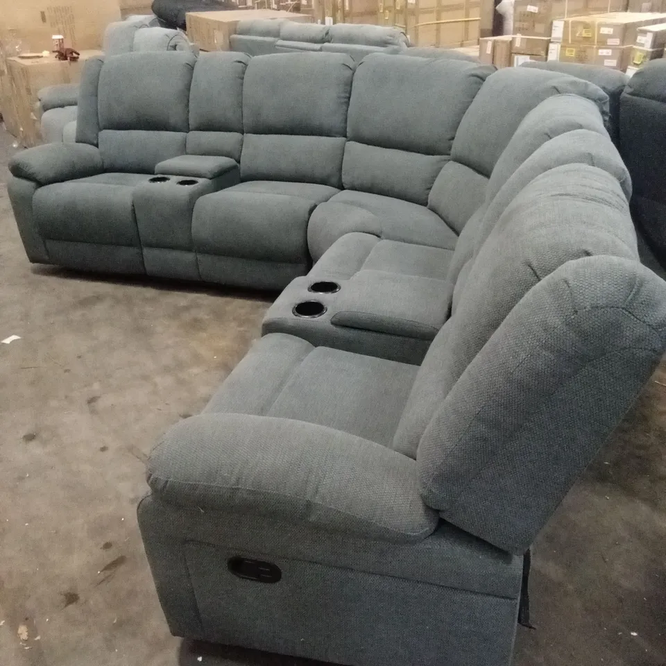 QUALITY DESIGNER MANUAL RECLINING FABRIC CORNER SOFA WITH CUPHOLDERS