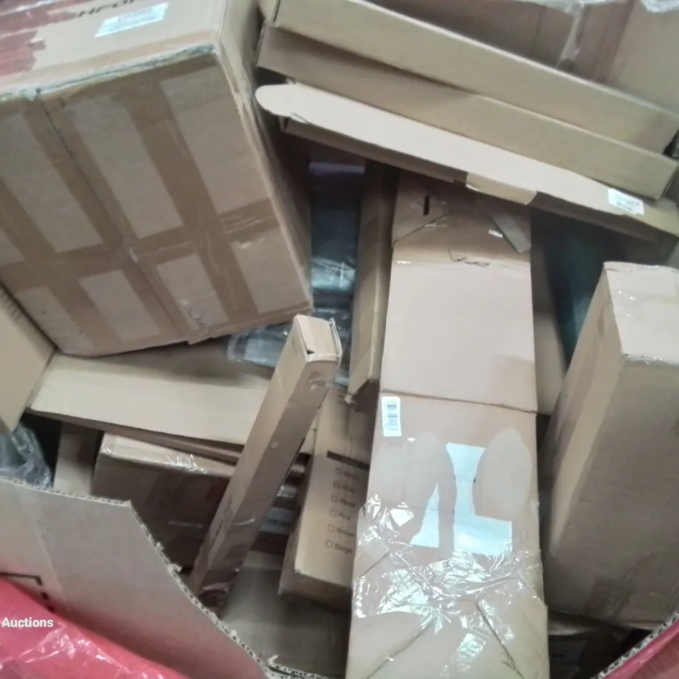 PALLET CONTAINING VARIOUS ASSORTED BOXED HOUSEHOLD ITEMS TO INCLUDE: RETRACTABLE SAFETY GATES, LED SIGNS, PLASTIC FENCING AND LOTS MORE UNMARKED BOXED ITEMS 