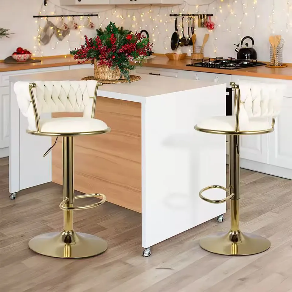 BOXED HAWSAIY MODERN VELVET BAR STOOL SET OF 2 WITH WOVEN BACK AND FOOTREST FOR KITCHEN, BAR, AND DINING SPACES,BEIGE