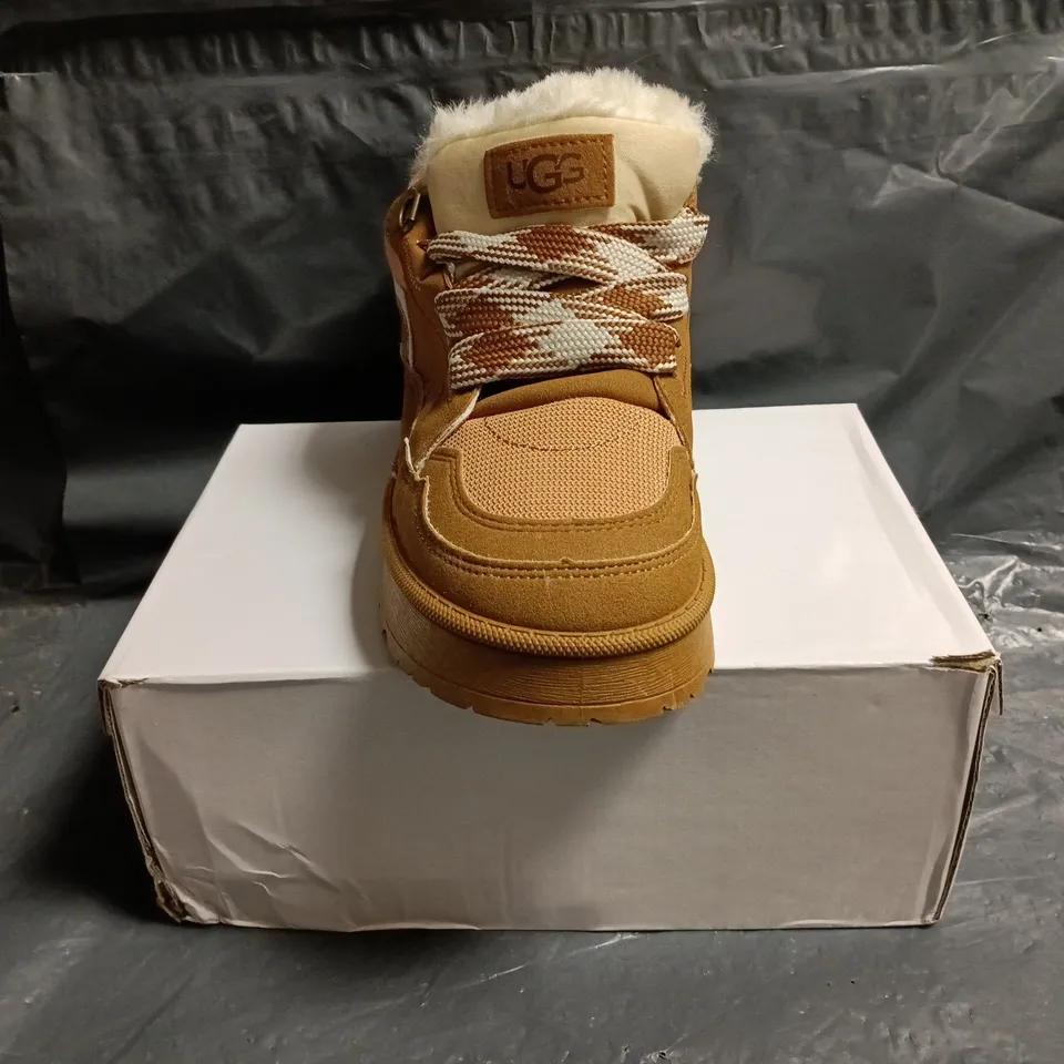 BOXED PAIR OF UGG SHOES IN CAMEL SIZE EU 37