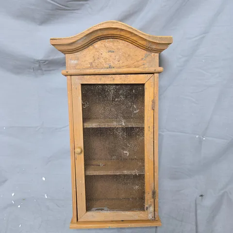 VINTAGE WOODEN WALL CABINET WITH CURVED PEDIMENT AND MESH FRONT