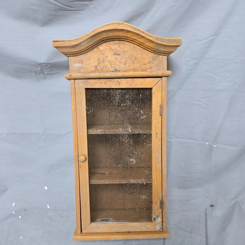 VINTAGE WOODEN WALL CABINET WITH CURVED PEDIMENT AND MESH FRONT