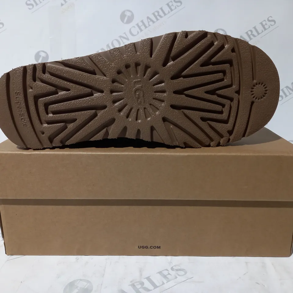 BOXED PAIR OF UGG CLASSIC ULTRA MINI SHOES IN TAN UK SIZE 4