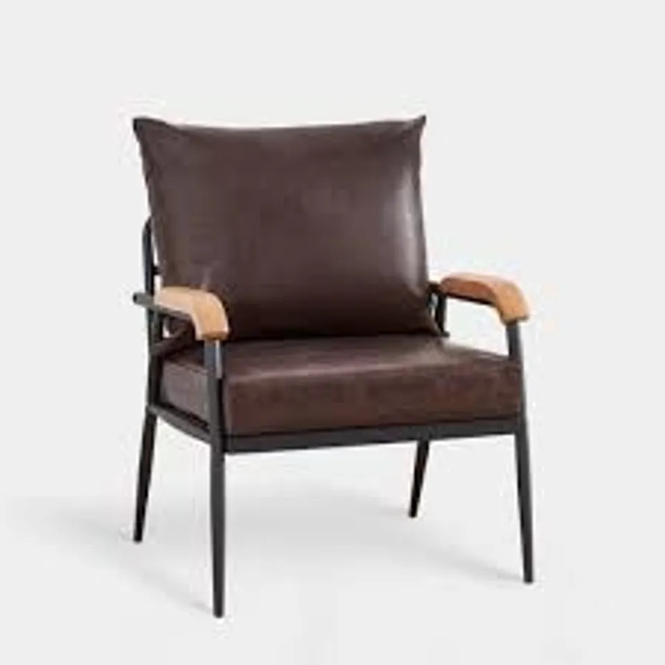 BOXED DARK BROWN LEATHER CHAIR WITH WOODEN ARMS (1 BOX)