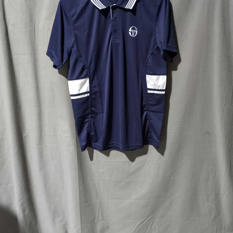 SERGIO TACCHINI POLO SHIRT – NAVY WITH WHITE STRIPES (UK S)