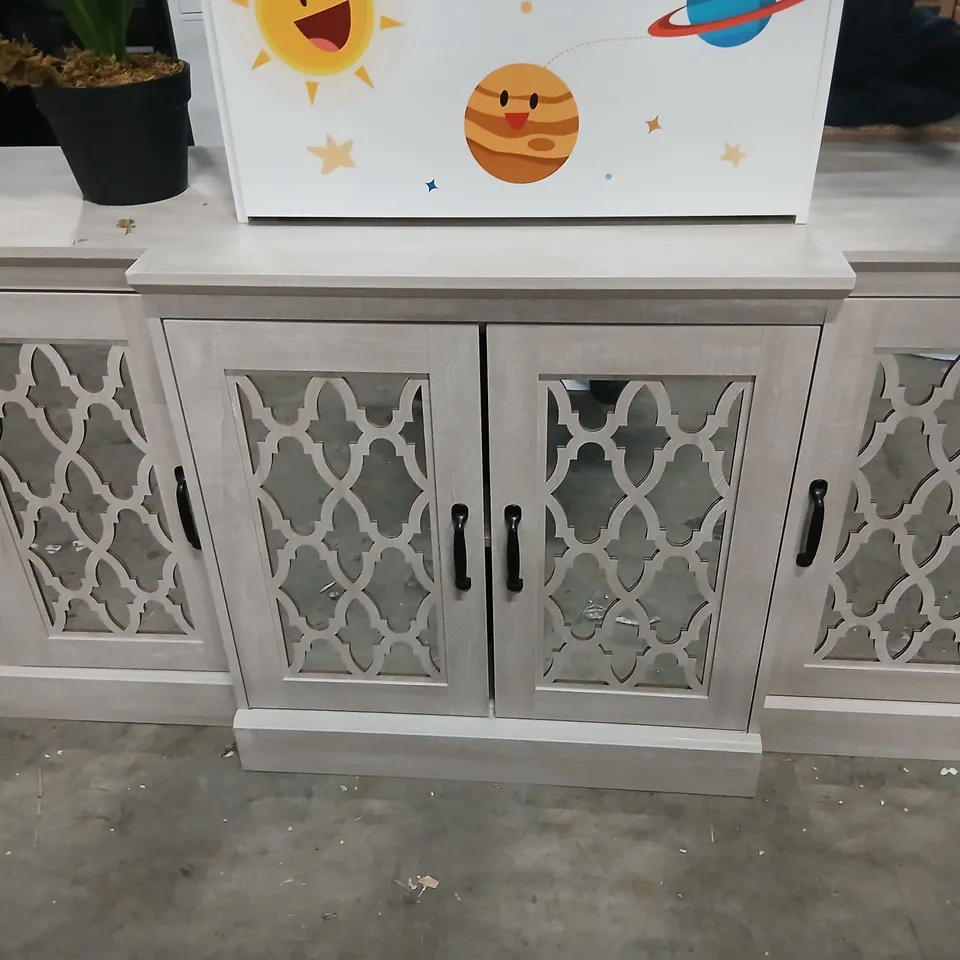 GREY-PAINTED STORAGE CABINET WITH LATTICE GLASS PANELS
