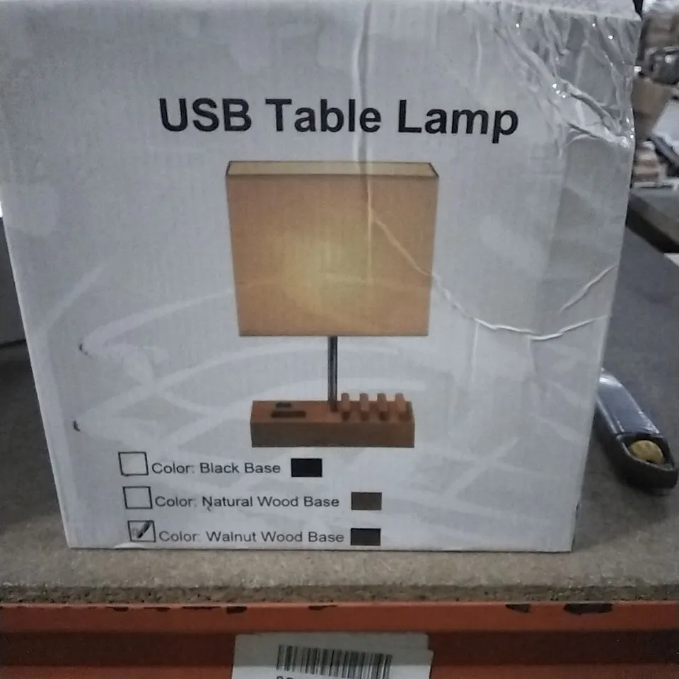 BOXED USB TABLE LAMP - WALNUT WOOD BASE 