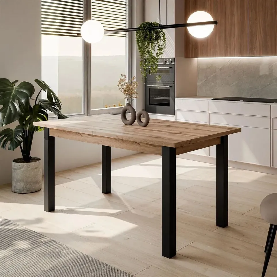 BOXED ARTOS EXTENDABLE TABLE, 150–198 CM WOTAN OAK WITH BLACK LEGS (3 BOXES)