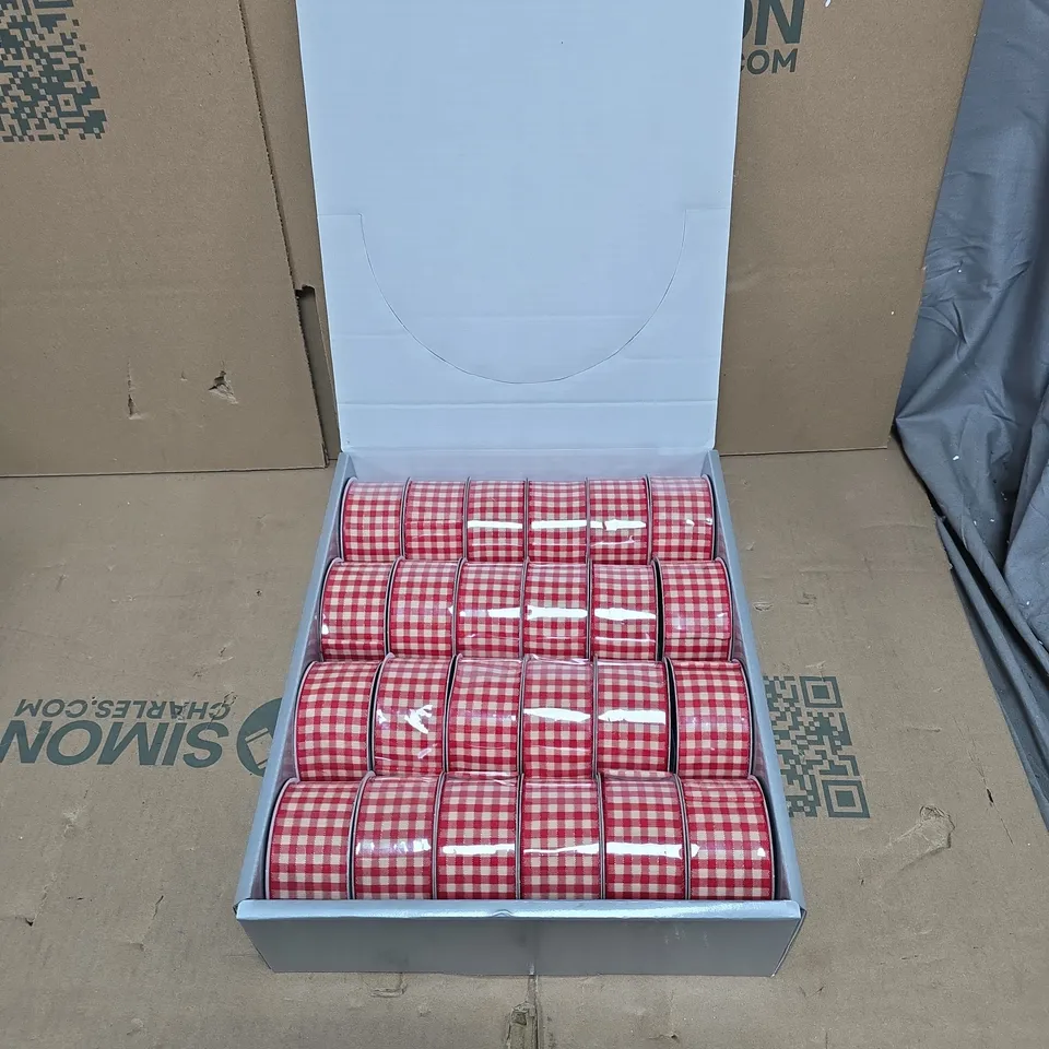 GISELA GRAHAM LONDON RIBBON SPOOL PACK – RED & WHITE CHECK, 38MM X 33M, BOX OF 24 SPOOLS