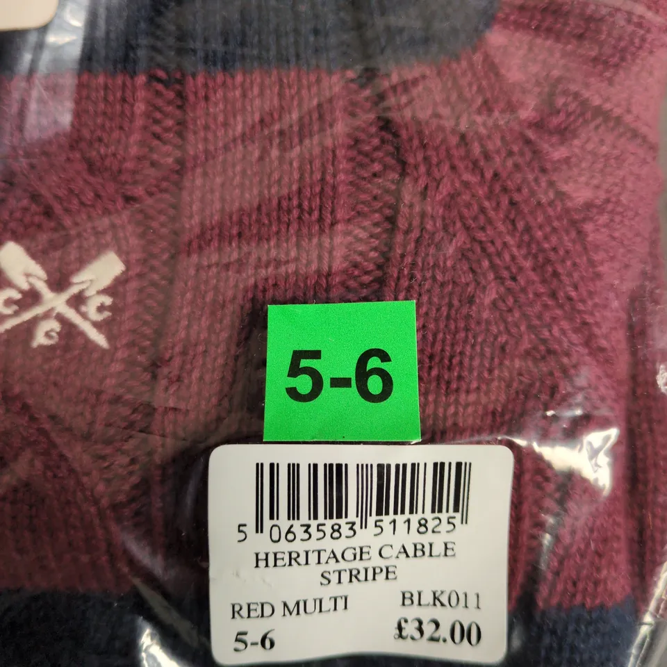 CREW CLOTHING COMPANY HERITAGE CABLE STRIPE SWEATER – RED MULTI, UK 5-6