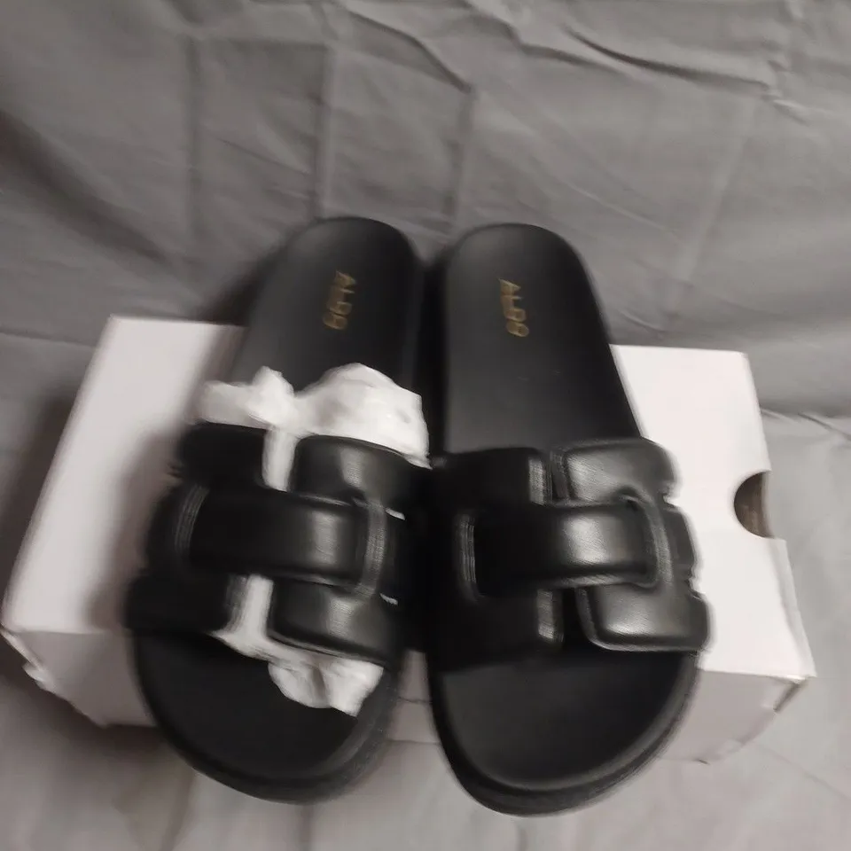 BOXED PAIR OF ALDO PADDED FOOTBED SANDALS – BLACK LEATHER, UK 7
