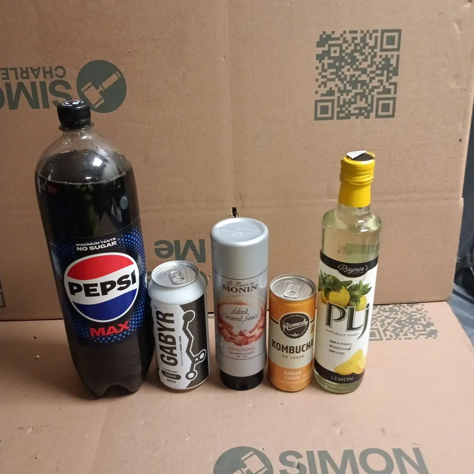 APPROXIMATELY 10 ASSORTED FOOD ITEMS TO INCLUDE - PEPSI MAX, MONIN SALTED CARAMEL SAUCE AND KOMBUCHA LEMON GINGER