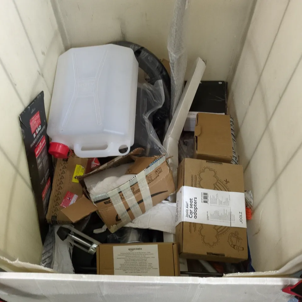 CAGE OF ASSORTED CAR AND TOOL ITEMS TO INCLUDE MODULE CONTROLLER, AIR FILTER, RACHET STRAPS AND CADWELL WELD METAL