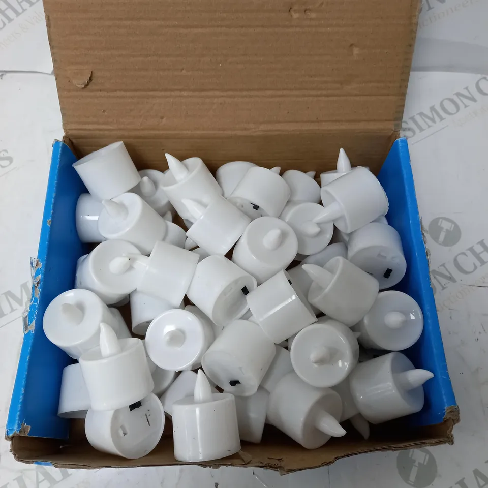 BOX OF APPROX 30 INDIVIDUAL LED SMOKELESS CANDLES.