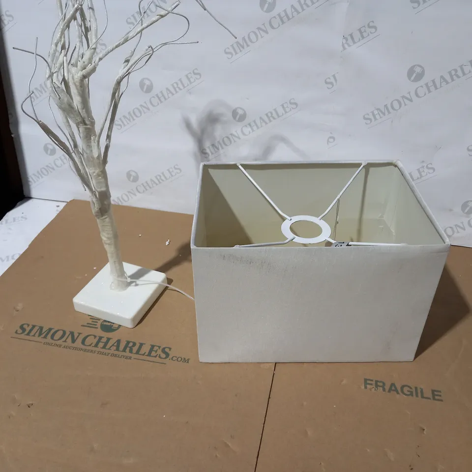 LOT OF 2 ASSORTED HOUSEHOLD ITEMS TO INCLUDE DECORATIVE WHITE BRANCH AND DESIGNER WHITE LIGHT SHADE