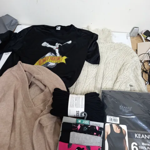 LARGE BOX OF ASSORTED CLOTHING ITEMS IN VARIOUS COLOURS AND SIZES INCLUDING TROUSERS , TOPS AND JUMPERS 