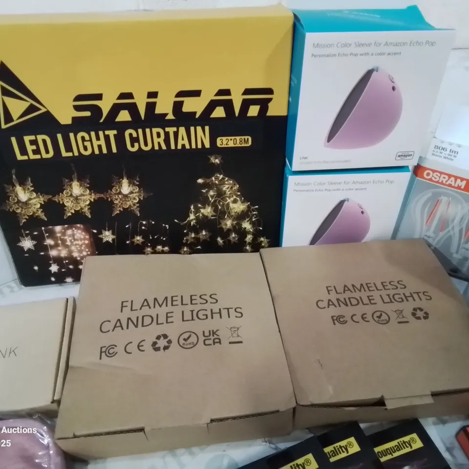 BOX CONTAINING LARGE AMOUNT OF BOXED ELECTRICAL ITEMS TO INCLUDE: VARIOUS BULBS, CANDLES LIGHTS, LED LIGHT CURTAIN, CHARGING CABLES, POWER BANK, 3D PRINTING FILAMENT AND LOTS MORE.