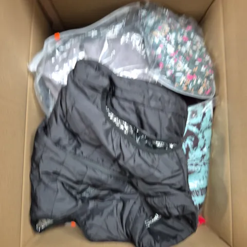 LARGE BOX OF ASSORTED CLOTHING ITEMS IN VARIOUS SIZES, STYLES AND COLOUR 