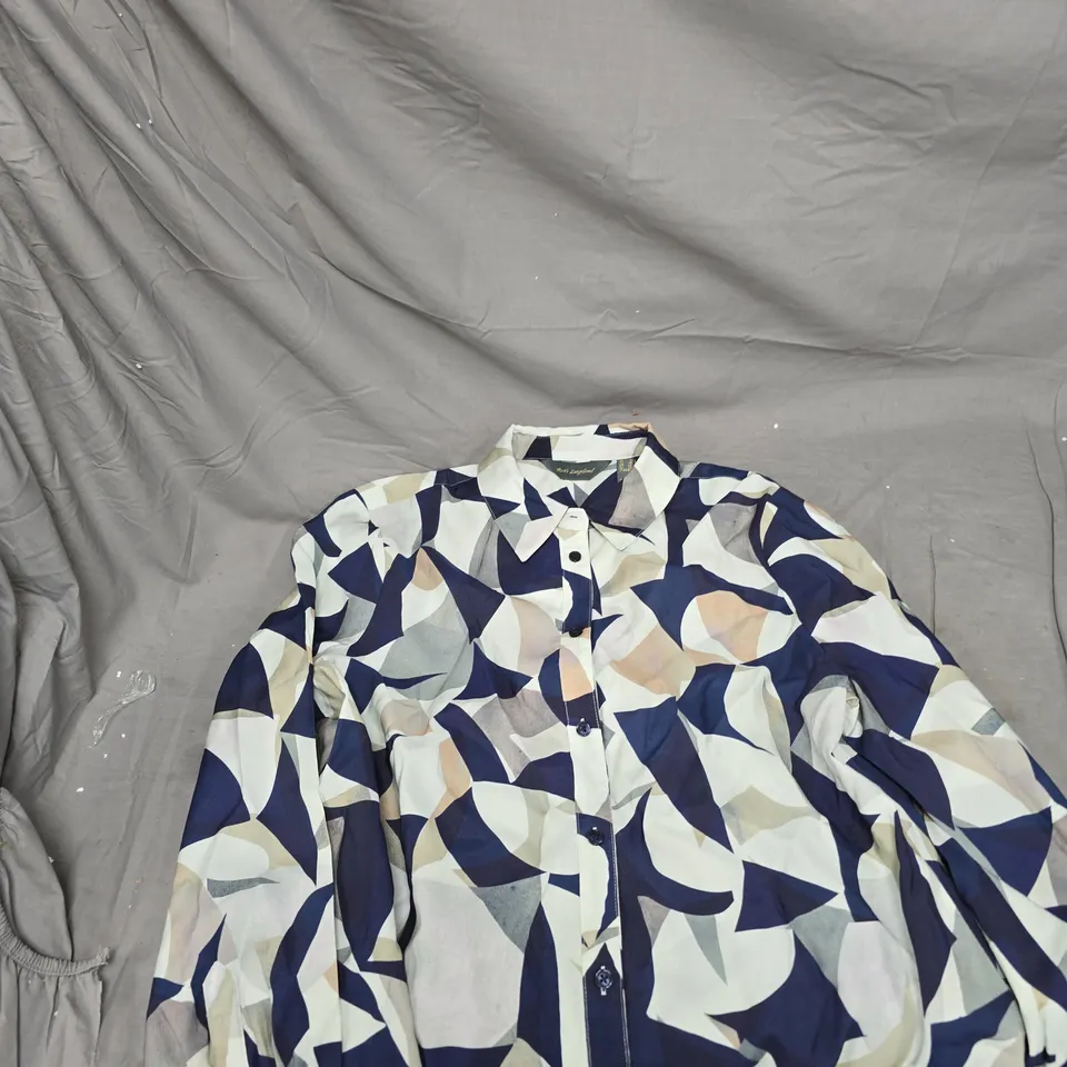 RUTH LANGFORD GEOMETRIC PATTERN SHIRT – NAVY, WHITE & BEIGE, BUTTON-DOWN UK12