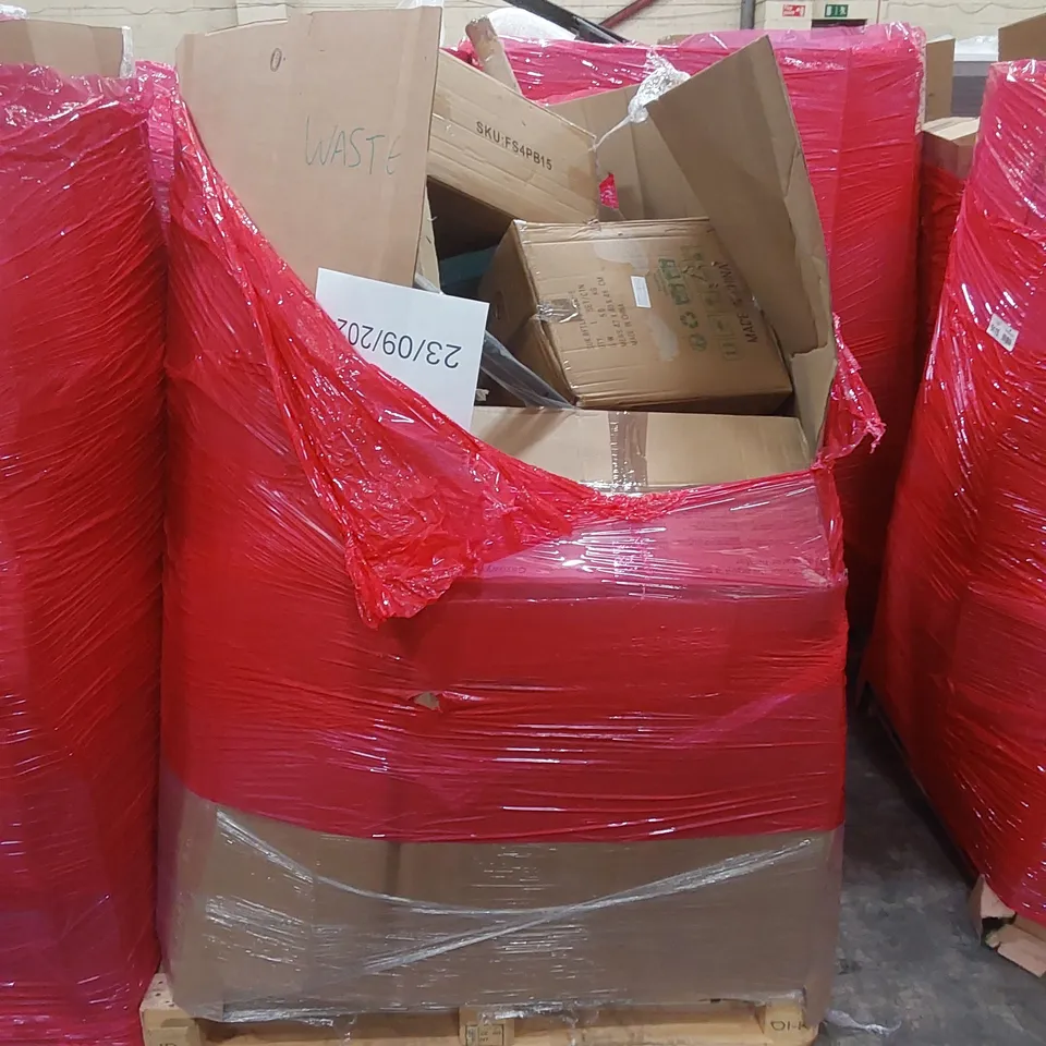 PALLET OF ASSORTED HOUSEHOLD ITEMS AND CONSUMER PRODUCTS TO INCLUDE; AIR FRYER, BABY PLAYPEN, BOXED FURNITURE ETC 