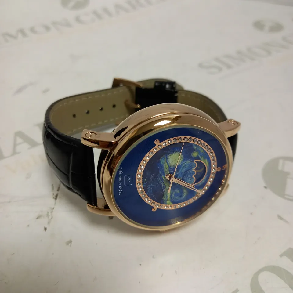 MENS ZIHLMANN & CO AUTOMATIC WATCH – Z150 – MOONPHASE DIAL – GLASS EXHIBITION BACKCASE - SILVER COLOUR CASE – BLACK LEATHER STRAP