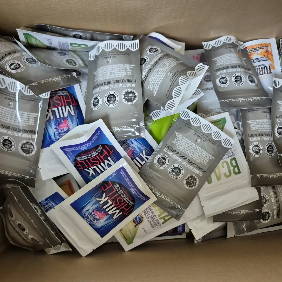 BOX OF APPROXIMATELY 80 ASSORTED HEALTH AND FITNESS PRODUCTS TO INCLUDE MILK THISTLE TABLETS, MENOPAUSE MAX TABLETS, BCAA TABLETS, ETC