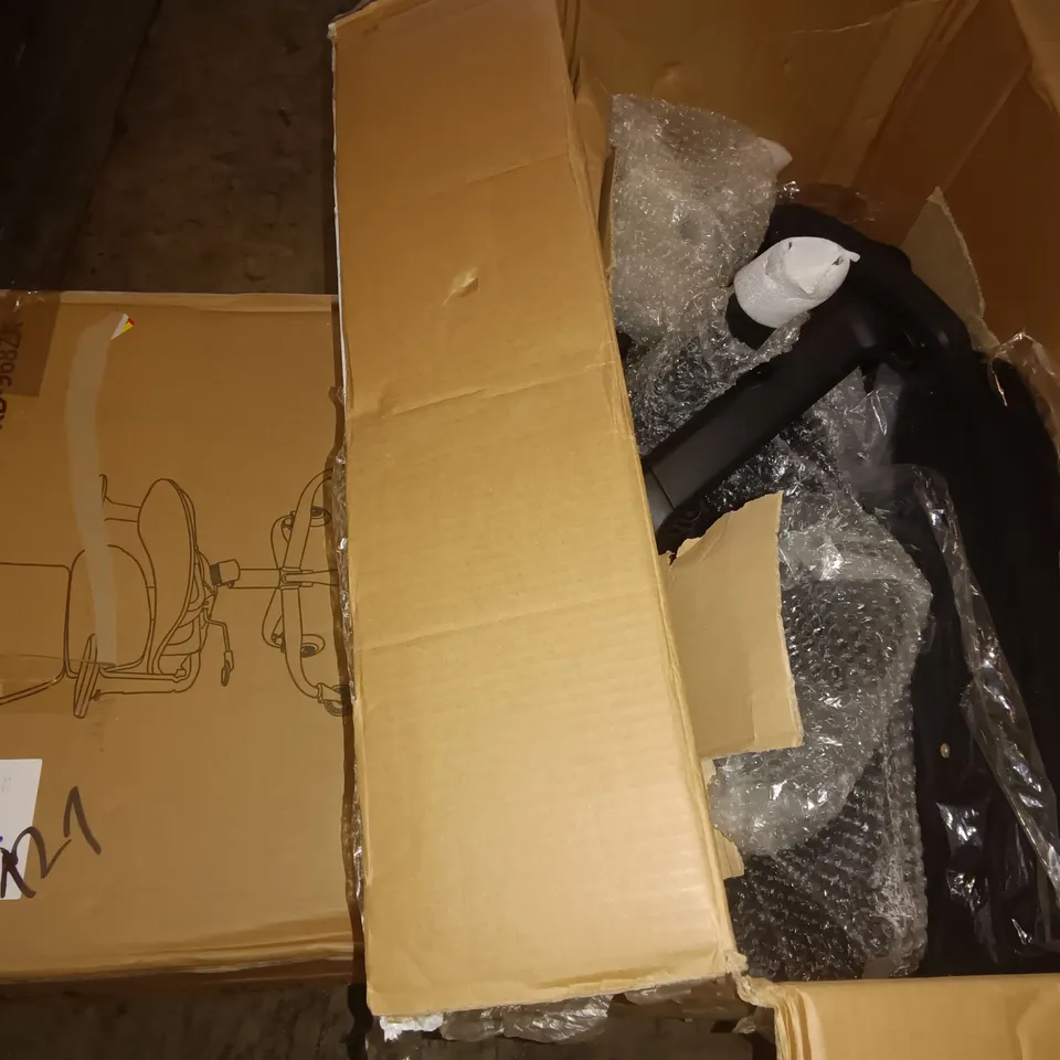 PALLET OF ASSORTED ITEMS TO INCLUDE BOXED WALL CLOCKS, OFFICE CHAIRS AND EXPANDABLE WINDOW SCREENS