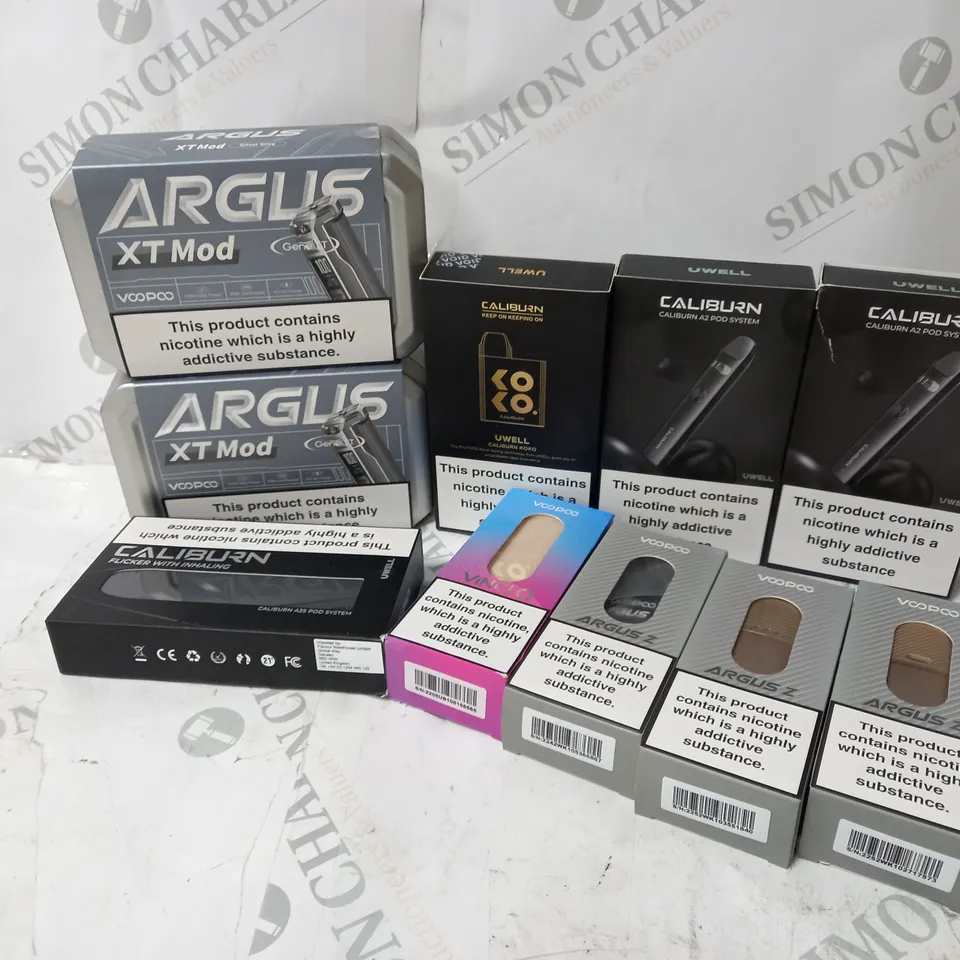BOX OF APPROXIMATELY 10 ASSORTED E-CIG PRODUCTS TO INCLUDE VOOPOO ARGUS XT MOD, VOOPOO ARGUS Z, UWELL CALIBURN A2 POD SYSTEM ETC. 